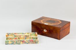 A 19th Century walnut and mahogany jewellery box with segmented walnut and satinwood veneered top,