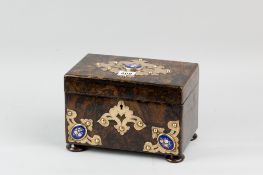 A good simulated walnut Victorian tea caddy with excellent Gothic style brass embellishments and