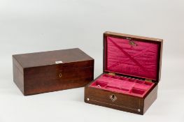 A Victorian rosewood and mother of pearl inlaid jewellery box, the pink satin and paper lined