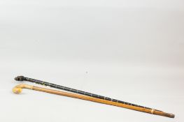 A multi-segmented horn walking stick with bone segment dividers, carved horn dragon's head handle