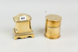 A heavy oblong based brass lidded tea caddy and a shell case base converted to a lidded container
