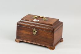 An early 19th Century mahogany tea caddy with brass carrying handle and escutcheon on corner bracket