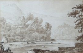 FOLLOWER OF PAUL SANDBY sepia watercolour, circa 1800-1820 - figures and landscape, entitled