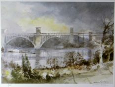 WILLIAM SELWYN limited edition (5/850) print - view of the Britannia rail and road bridge across the