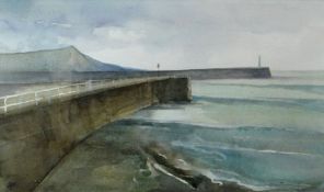 KAREN PEARCE watercolour - view of the harbour wall and jetty at Aberystwyth, signed and dated '