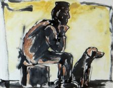 JOSEF HERMAN mixed media - seated male figure with dog looking out, with Leonie Jonleigh Studio