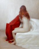 HARRY HOLLAND oil on panel - nude lady seated, signed and entitled label verso 'Rubicon' and dated