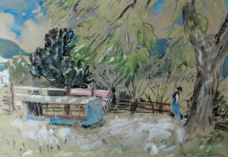 REG GAMMON mixed media - entitled verso 'Sheep at Farm Opposite Capel-y-Ffin, Lllanthony', signed,