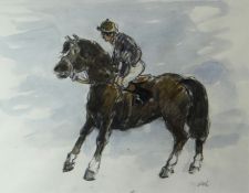 SIR KYFFIN WILLIAMS RA watercolour - horse and jockey, signed with initials, 13.25 x 17ins (34 x