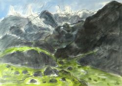 SIR KYFFIN WILLIAMS RA watercolour - Snowdonia mountains under blue sky, entitled verso 'Gyrn