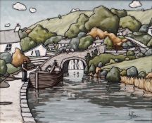 ALAN (EA) WILLIAMS acrylic on canvas - barge on canal with figures on bridge looking on, entitled