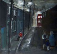 NICK HOLLY mixed media - valley street scene at dusk with women engaged in conversation, signed