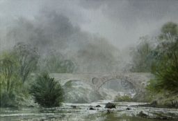 GARETH THOMAS watercolour - double-arched, stone bridge over river with woodland flanking either