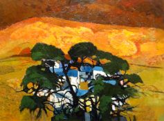 JOHN ELWYN oil on canvas - view of farm and outbuildings through trees with sunset, entitled