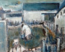 WILL ROBERTS oil on canvas - farm buildings with figures in foreground entitled 'Dan y Lan Farm',
