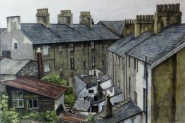 JANE CARPANINI watercolour - rear view of terraced houses and sheds, with washing on line,
