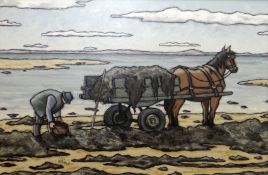 ALAN (EA) WILLIAMS acrylic on canvas - horse drawing cart on the estuary with male figure