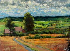 HYWEL HARRIES oil on board -  track leading to farm with fields and mountains in background entitled