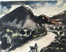 JOSEF HERMAN watercolour - landscape with figures on road, entitled verso 'Donkey, Man & Cart', 7.