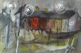 JOHN UZZELL EDWARDS mixed media - Valleys street scene with terraced houses and rows of washing on