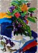 VICTORIA MALCOLM acrylic on paper - colourful still-life, entitled verso 'Azaleas in Pot', 22.5 x