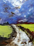 DEI HUGHES (of Ruthin) oil on canvas - farm lane under a stormy sky, signed with initials, 39 x 29