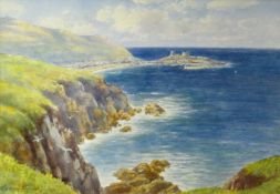 WARREN WILLIAMS ARCA watercolour - expansive coastalscape with harbour and castellated hill,