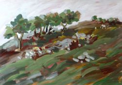 MIKE JONES acrylic / oil on paper - green landscape, entitled on Attic Gallery label verso '