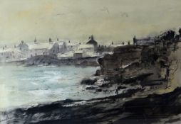 WILLIAM SELWYN watercolour - coastal scene of seawater breaking onto rocks with buildings in