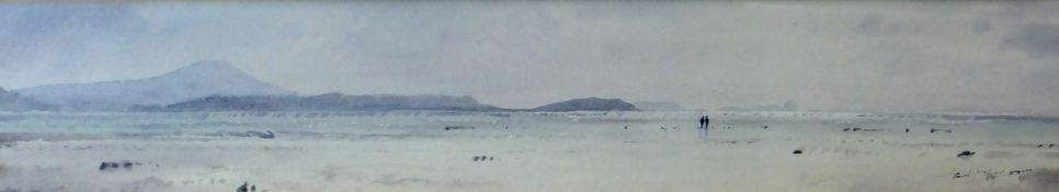 GARETH THOMAS watercolour -  expansive beach scene with waves breaking and two figures looking out
