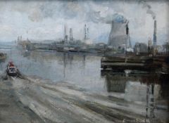 LEONARD BEARD oil on board - industrial plant with smoking chimneys beside river with boat, signed