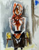 JOSEF HERMAN watercolour - female figure seated on a stool, with Vincent and Louise Kosman label