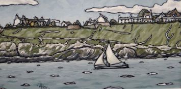 ALAN (EA) WILLIAMS acrylic on board - two figures in sailing boat just off shore from village in