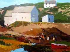 DONALD MCINTYRE acrylic - coastal buildings, figures and boats, entitled verso 'Figures on the
