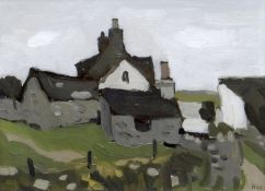 SIR KYFFIN WILLIAMS RA oil on board - farmstead at Cemaes, Anglesey, signed with initials, and