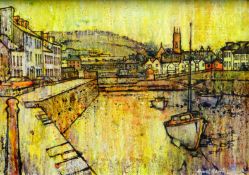 HYWEL HARRIES mixed media (inks) - view of the harbour at Aberaeron, original label verso with title