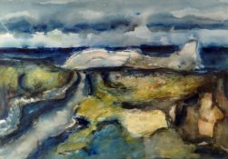 WILL ROBERTS watercolour - coastal scene entitled verso on Attic Gallery label 'Worms Head',