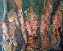 JOHN UZZELL EDWARDS oil on paper - large group of semi-abstract figures entitled verso 'Strike