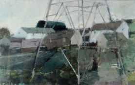 GORDON STUART oil on paper - farm and outbuildings viewed through the frame of an electricity pylon,