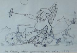 SIR KYFFIN WILLIAMS RA ink drawing - 'An Elderly Welsh Gentleman on Skis. 1984' gifted by Sir Kyffin