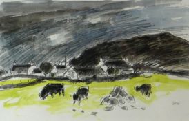 SIR KYFFIN WILLIAMS RA watercolour - cluster of cottages and cattle grazing, entitled on Thackeray