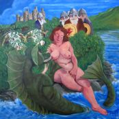 CARL FE HODGSON acrylic on canvas - 'Enticing the Afanc of Conwy onto the Bank', on stretcher,