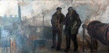 LATE TWENTIETH CENTURY BRITISH SCHOOL oil on board - mid 20th Century industrial scene, possibly