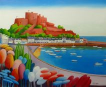 RALPH SPILLER oil on board - coastal castle, overlooking moored boats in harbour, signed with