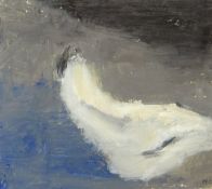 HONOR BROGAN oil on paper - small white and aquamarine figure, initialled to lower right front and