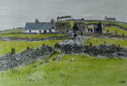 SIR KYFFIN WILLIAMS RA watercolour - cottages and stonewalls, signed with initials, 10.25 x 15.
