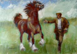 ANEURIN JONES acrylic on paper - handler with jaunty cob horse, signed, 16 x 22ins (41 x 56cms)