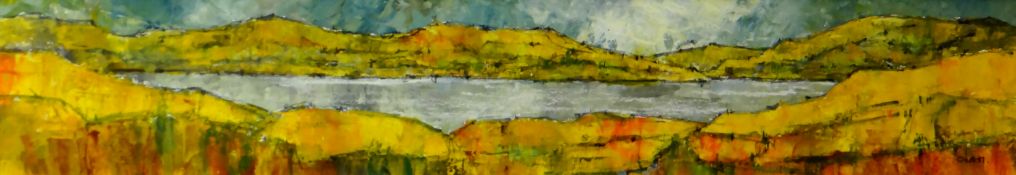 OWEN LYNDON THOMAS (b. Llanelli 1941) acrylic on paper - landscape Llyn Briane, signed, 13 x 70.5