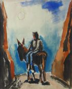 JOSEF HERMAN ink colourwash - male figure sitting side saddle on a donkey, 9.5 x 8.5 ins (24 x 20