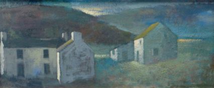 ANEURIN JONES oil on board - cottages on a hillside, 7.75x 17.25ins (19 x 44cms)